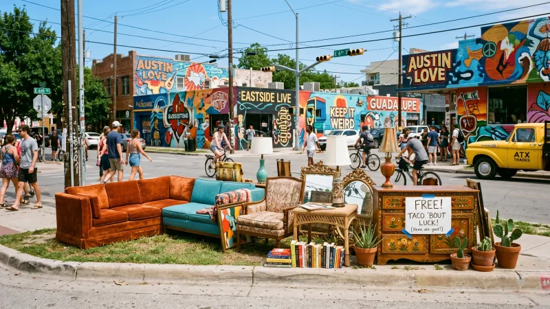 A sunny residential street with a couch and side table set out on the curb