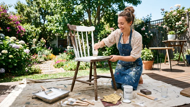 A person inspecting curbside furniture with a flashlight