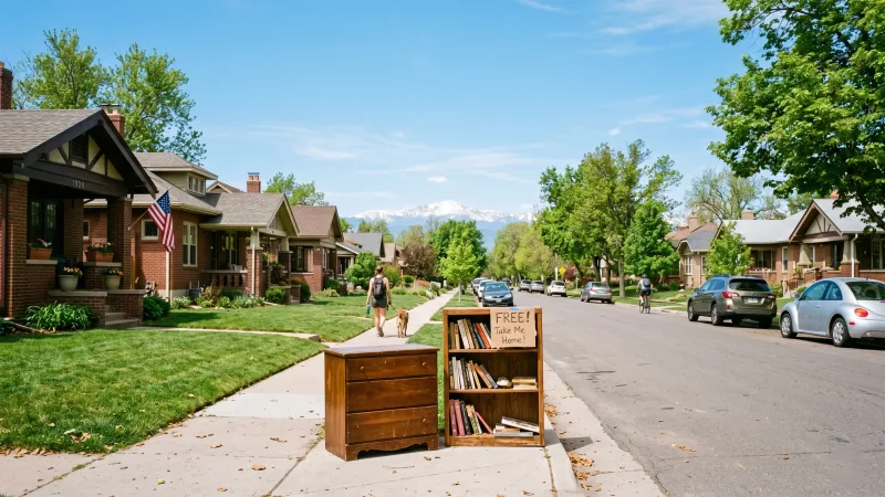 College student picking up free bookshelf